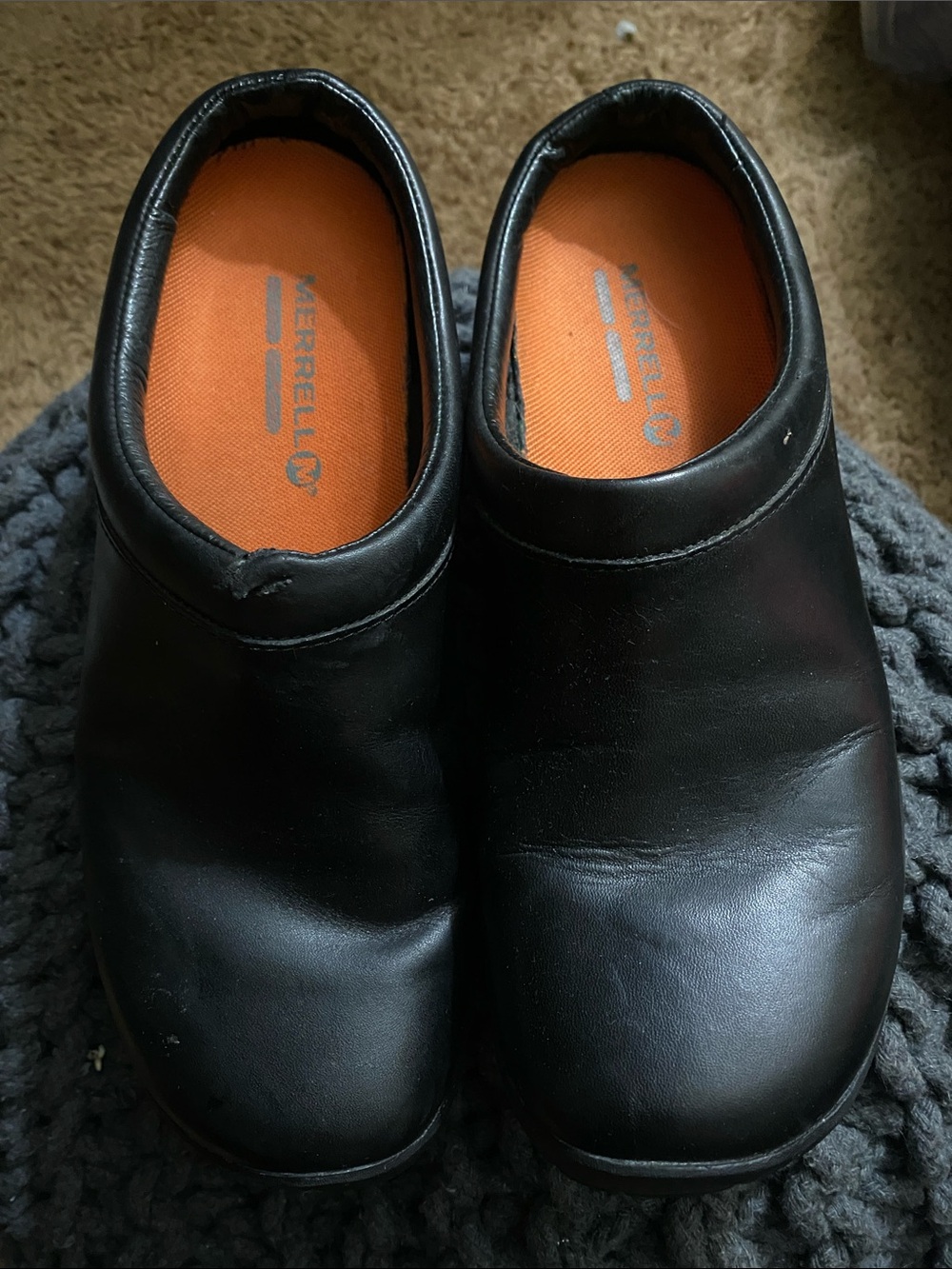 Merrell Black Leather Slip-On with Orange Insole